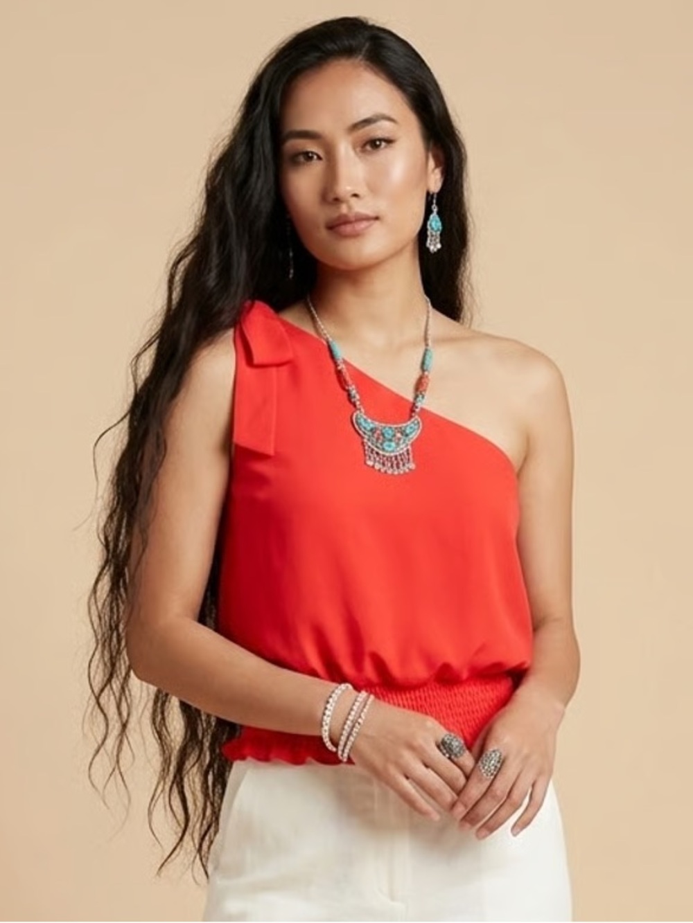AMANDA UPRICHARD | Red One-Shoulder Tie Detail Smocked Hem Blouse Sz XS